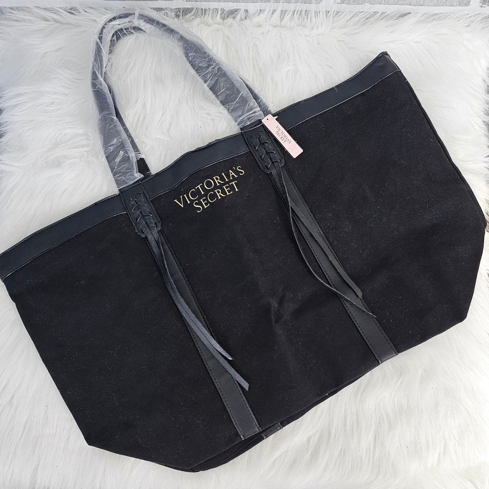 Victoria's Secret Black Canvas Tote Bag NWT Faux Leather Trim Tassel Travel Bag